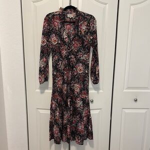 Black and Pink Ruffled Long Sleeve V-Neck Sundress